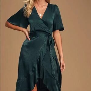 Lulu's Emerald Green Satin Wrap Mini Dress NWT